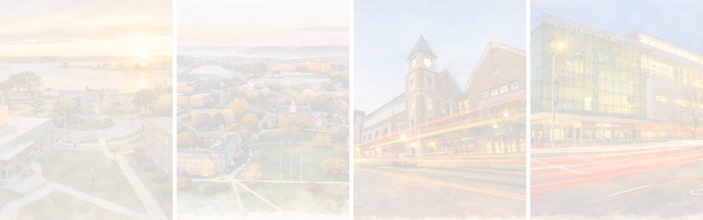 Four watercolor-style campus scenes of the University of Connecticut: Avery Point campus by the water at sunset, an aerial view of Storrs campus in autumn, Waterbury campus featuring a clock tower and light trails, and the Stamford campus at night with traffic lights streaking past.