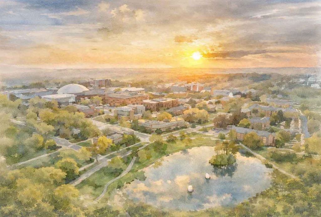 Watercolor-style aerial view of the University of Connecticut’s Storrs campus at sunset, showing Mirror Lake in the foreground, tree-lined walkways, campus buildings, and Gampel Pavilion beneath a warm golden sky.